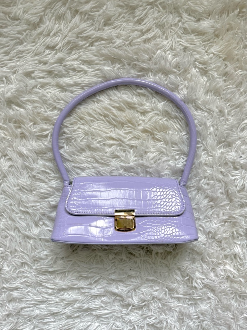 Lilac Croc-Embossed Shoulder Bag with Gold Clasp